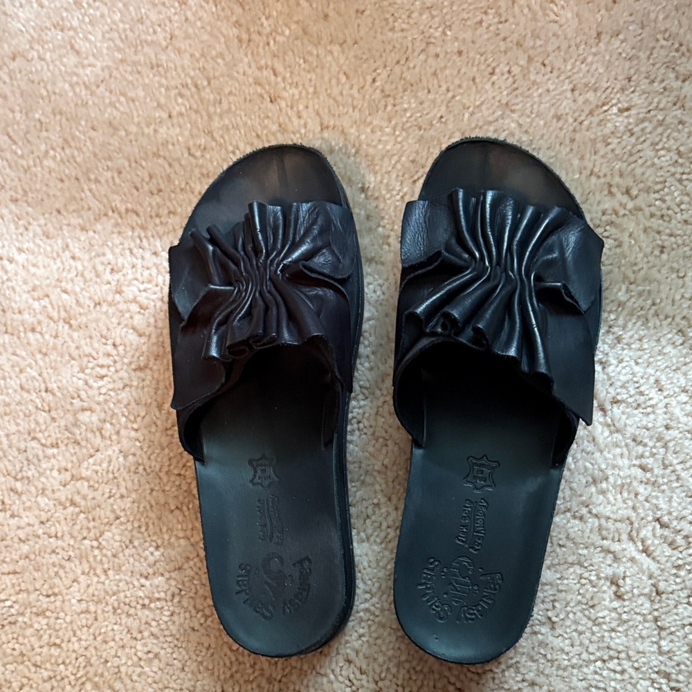 Ruffled Slide Mules in Black